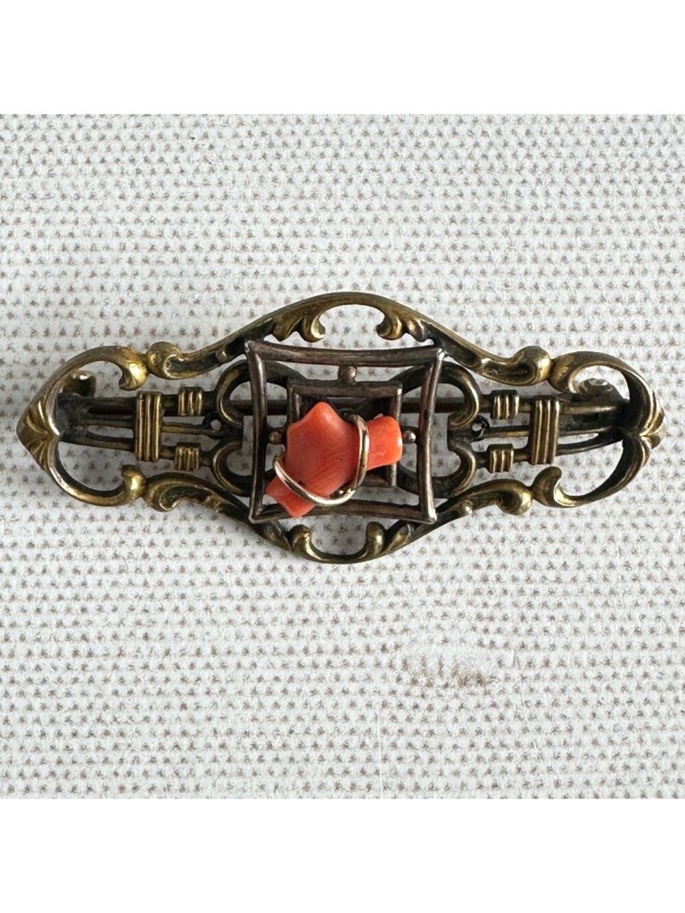 Antique Victorian Coral Brooch Two Tone Aesthetic Movement Bar Pin